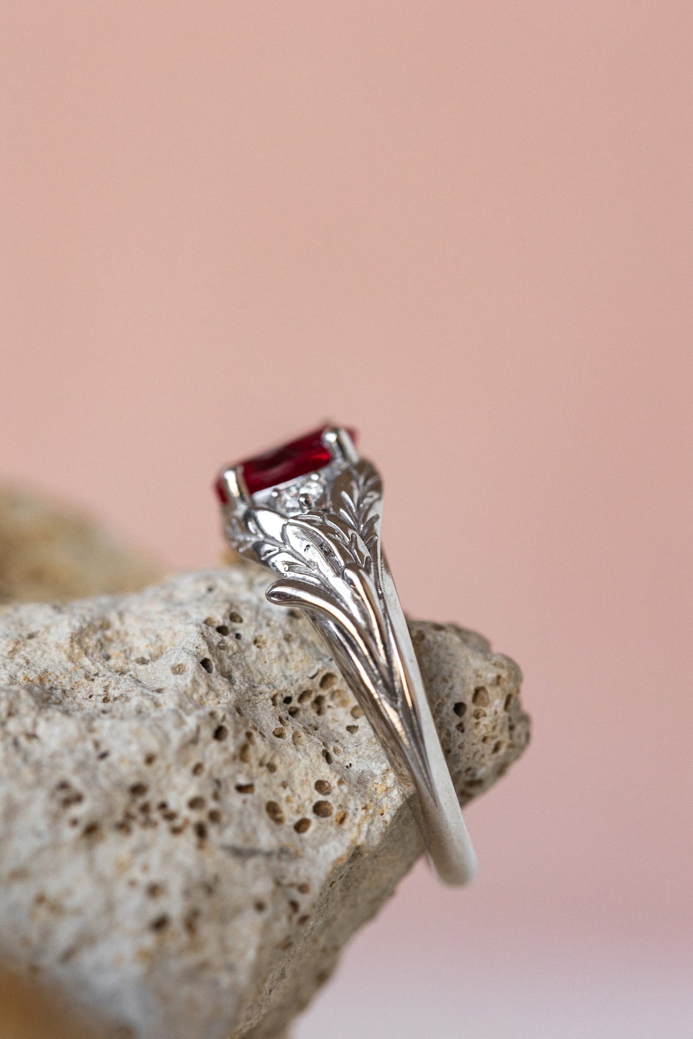 Lab ruby engagement ring, nature inspired ring with accent diamonds / Wisteria - Eden Garden Jewelry™