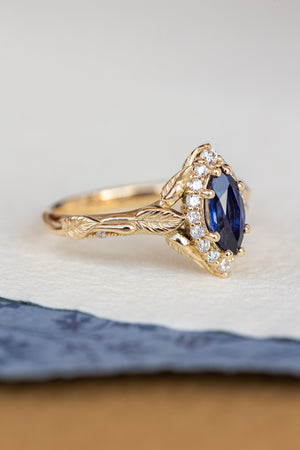 Dark blue lab sapphire engagement ring, gold proposal ring with marquise cut gemstone and diamond halo / Florentina - Eden Garden Jewelry™