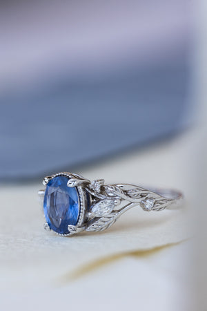 Genuine 1.5 carat sapphire engagement ring, nature inspired promise ring with diamonds / Patricia - Eden Garden Jewelry™