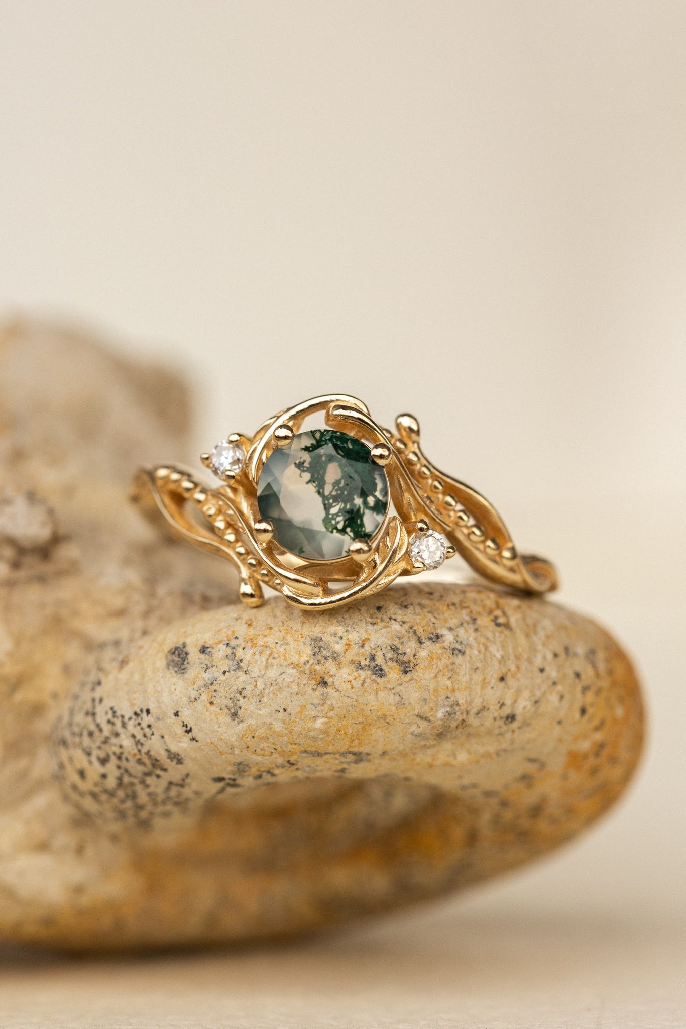 Natural moss agate yellow gold engagement ring with accent diamonds, nature themed proposal gold ring with diamonds / Undina - Eden Garden Jewelry™