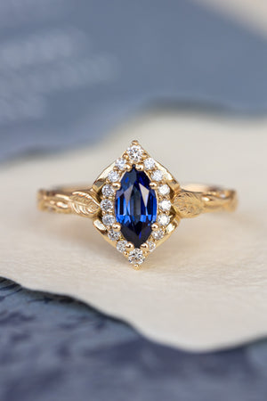 Marquise cut sapphire engagement ring set, nature inspired bridal ring set with diamond halo / Florentina - Eden Garden Jewelry™