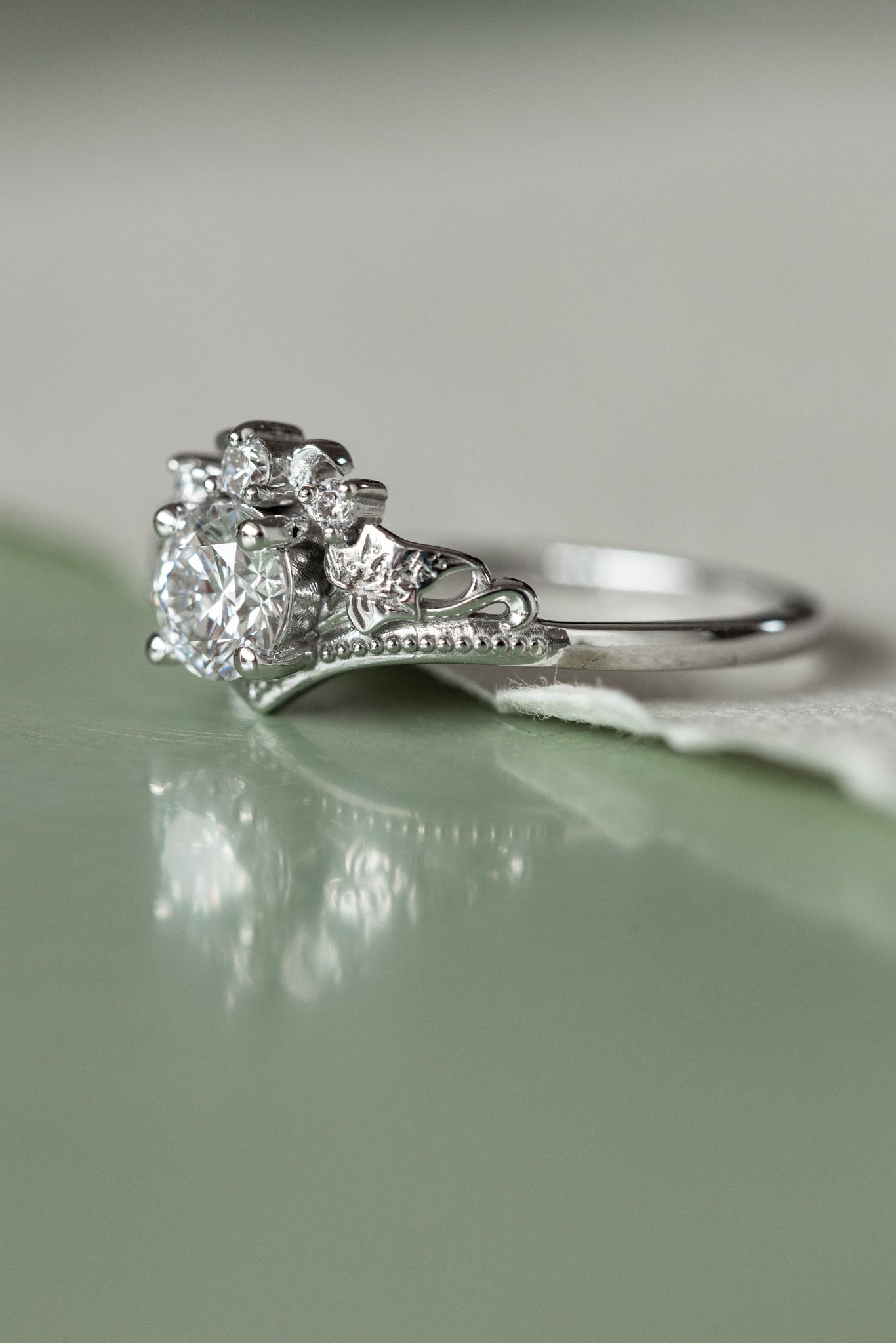 Lab grown diamond white gold engagement ring with tiny ivy leaves / Ariadne - Eden Garden Jewelry™