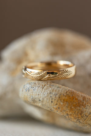 Yellow gold nature inspired wedding band, comfort fit ring for him - Eden Garden Jewelry™