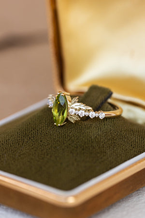 Peridot and diamonds engagement ring, nature inspired gold leaf ring / Verbena