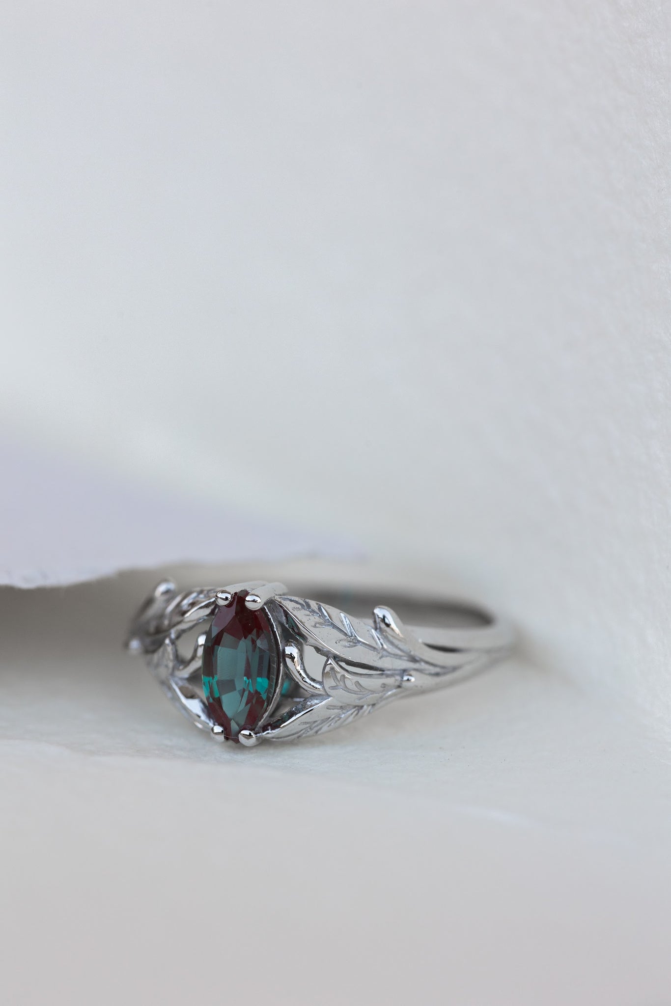 Colour changing alexandrite engagement ring, white gold twig ring with marquise alexandrite / Wisteria - Eden Garden Jewelry™