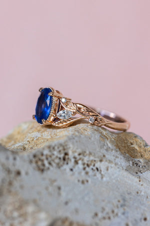 READY TO SHIP: Patricia ring in 14K or 18K rose gold, natural vivid blue sapphire 8x6 mm, accent lab grown diamonds, AVAILABLE RING SIZES: 5.5 - 8.5 US