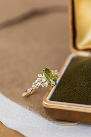 Peridot and diamonds engagement ring, nature inspired gold leaf ring / Verbena