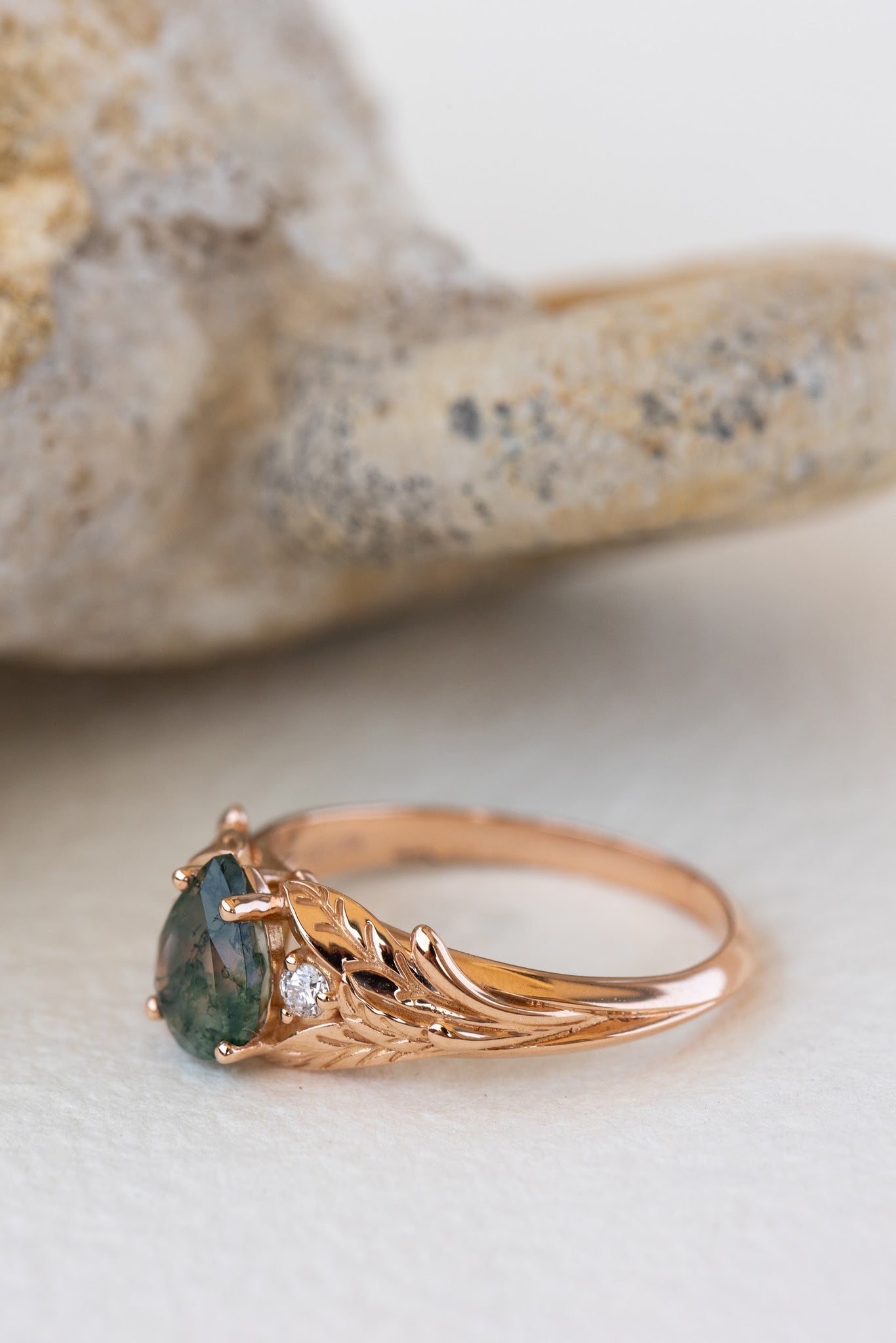 READY TO SHIP: Wisteria ring in 14K or 18K rose gold, pear moss agate, accents lab grown diamonds, RING SIZE: 5.75 - 8.75 US