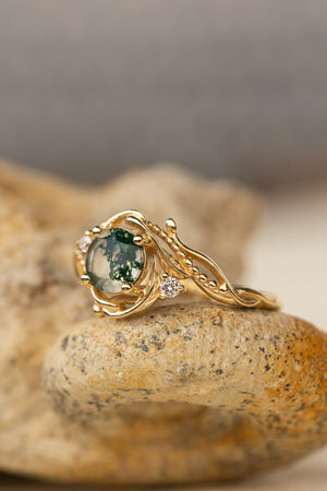 Natural moss agate yellow gold engagement ring with accent diamonds, nature themed proposal gold ring with diamonds / Undina - Eden Garden Jewelry™