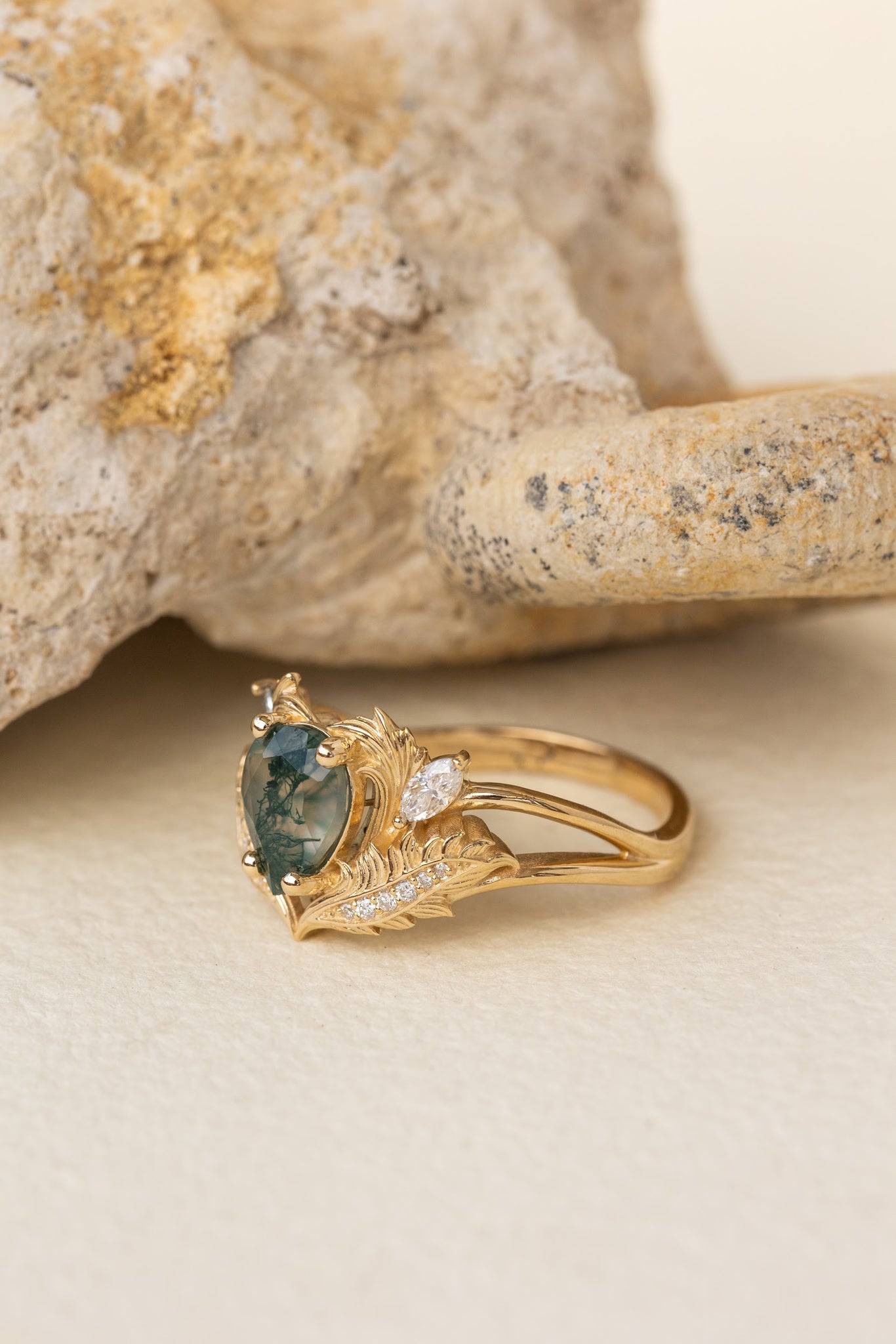 READY TO SHIP: Adonis ring in 18K yellow gold, pear cut moss agate, accent lab grown diamonds, RING SIZES: 6.5 - 9.5 US