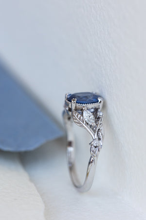 Natural blue sapphire bridal ring set, white gold leaf engagement and wedding rings / Patricia - Eden Garden Jewelry™