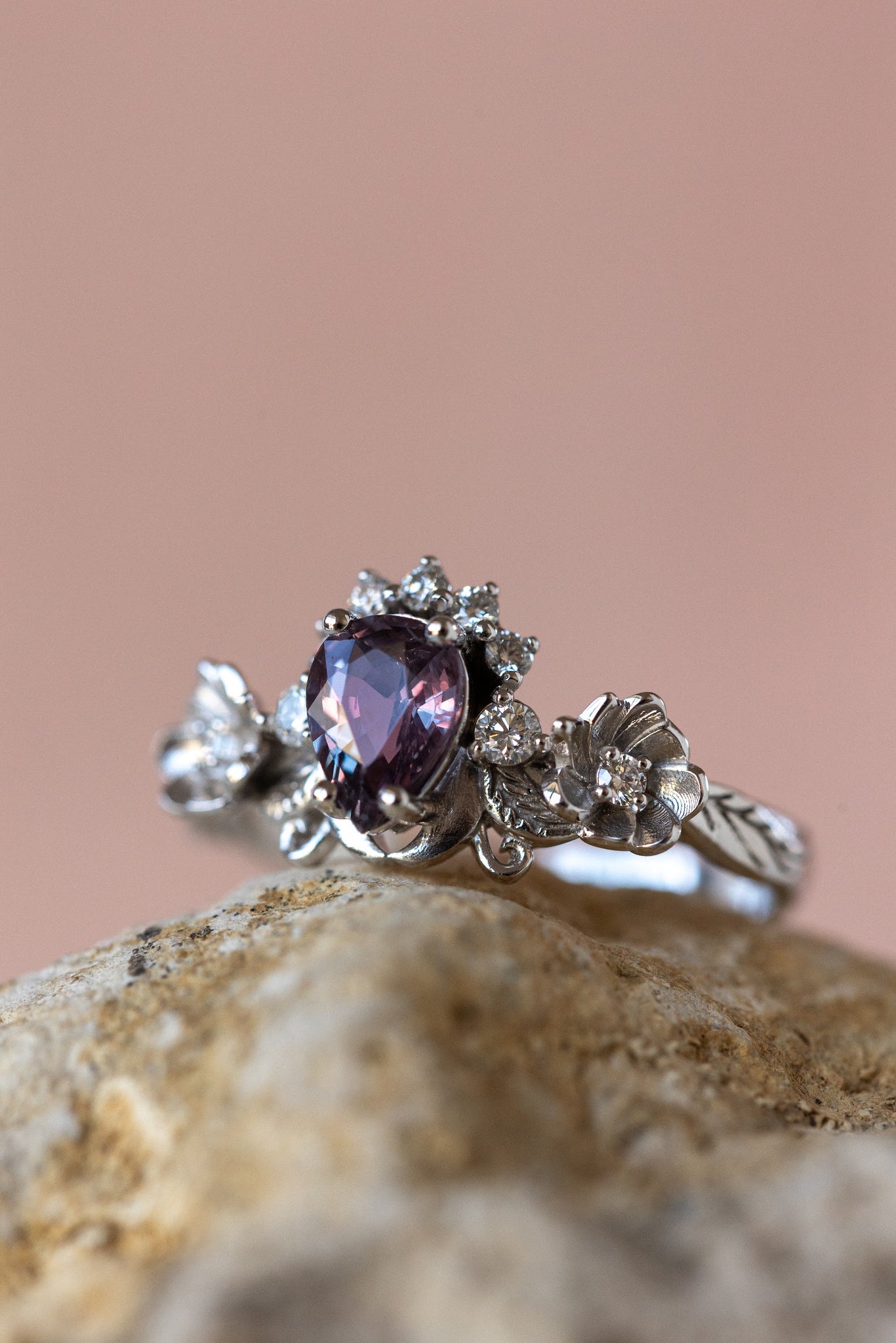 Purple sapphire engagement ring with diamonds, white gold flower style gold proposal ring / Adelina - Eden Garden Jewelry™