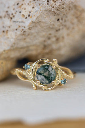 Round moss agate engagement ring with accent sapphires, nature themed proposal ring with diamonds  / Undina - Eden Garden Jewelry™