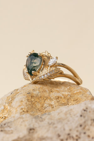 READY TO SHIP: Adonis ring in 18K yellow gold, pear cut moss agate, accent lab grown diamonds, RING SIZES: 6.5 - 9.5 US