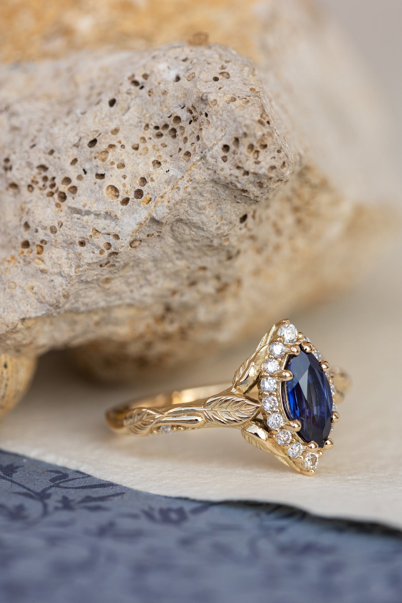 Dark blue lab sapphire engagement ring, gold proposal ring with marquise cut gemstone and diamond halo / Florentina - Eden Garden Jewelry™