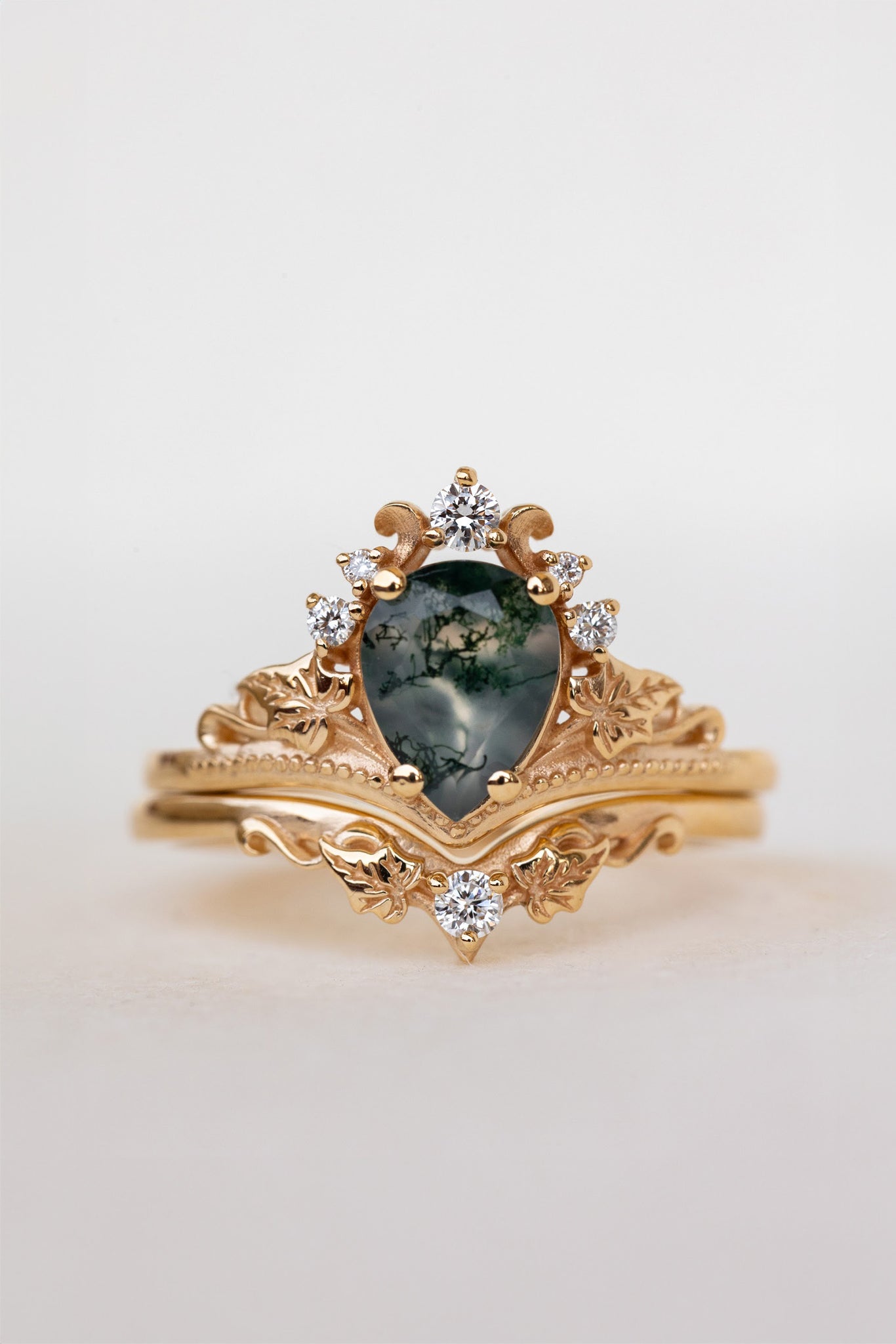 READY TO SHIP: Ariadne ring set in 18K yellow gold, pear cut moss agate, accent lab grown diamonds, RING SIZE:  5.5 - 8.5 US