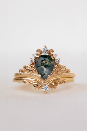 READY TO SHIP: Ariadne ring set in 18K yellow gold, pear cut moss agate, accent lab grown diamonds, RING SIZE:  5.5 - 8.5 US