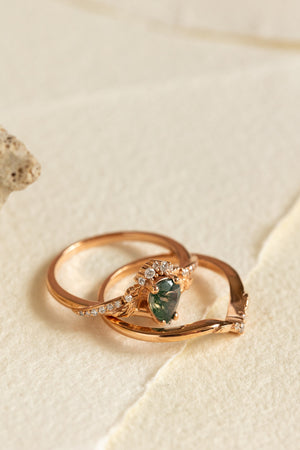 Forest-themed bridal ring set with green moss agate / Amelia - Eden Garden Jewelry™