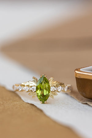 Peridot and diamonds engagement ring, nature inspired gold leaf ring / Verbena