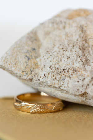 Yellow gold nature inspired wedding band, comfort fit ring for him - Eden Garden Jewelry™