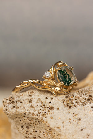 Natural moss agate yellow gold engagement ring with accent diamonds, nature themed proposal gold ring with diamonds / Undina - Eden Garden Jewelry™