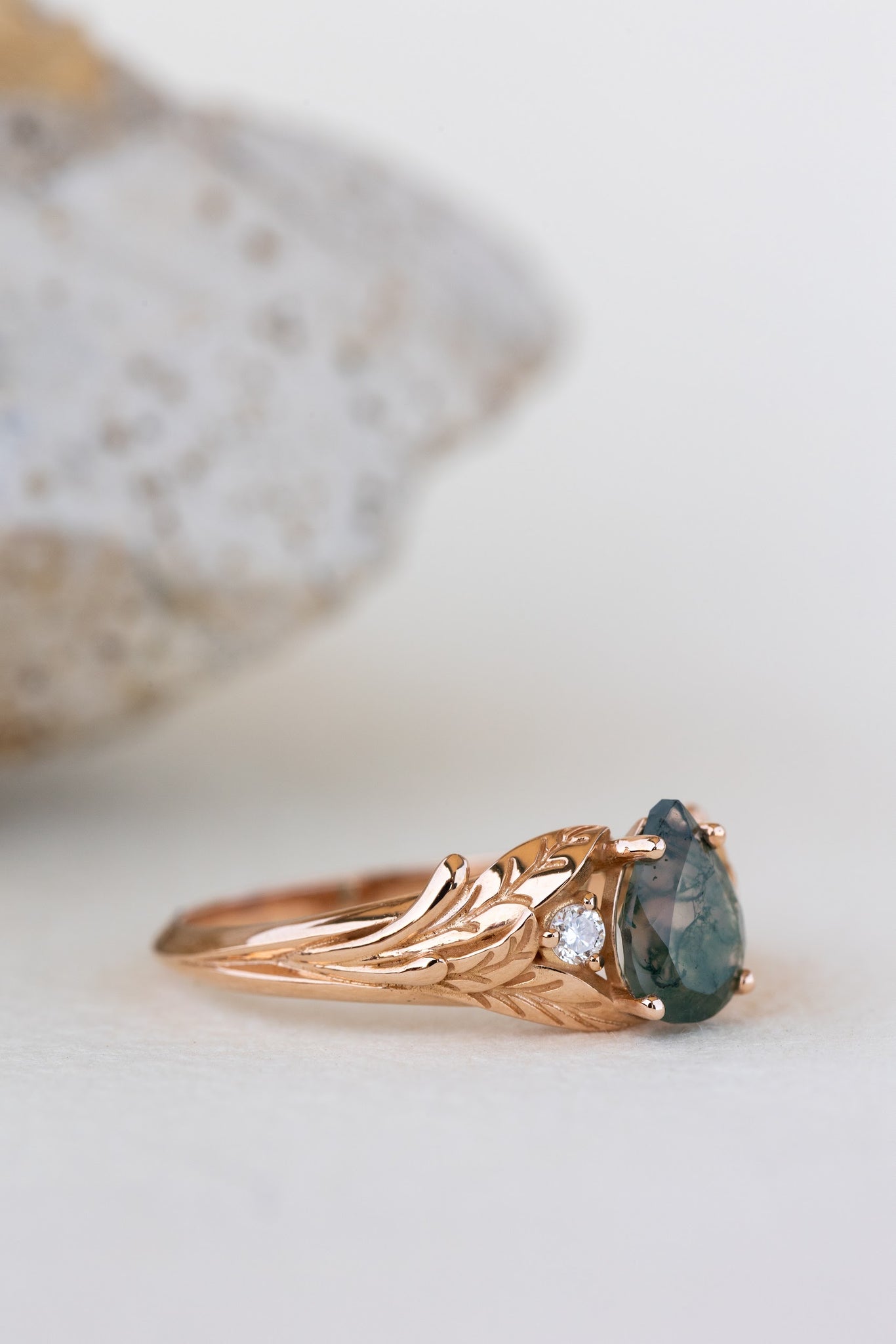 Unique moss agate engagement ring, white gold engagement ring with accent diamonds / Wisteria