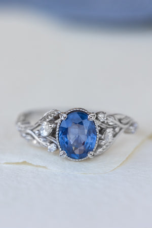 Natural blue sapphire bridal ring set, white gold leaf engagement and wedding rings / Patricia - Eden Garden Jewelry™