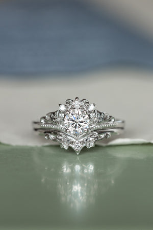 Lab grown diamond white gold engagement ring with tiny ivy leaves / Ariadne - Eden Garden Jewelry™