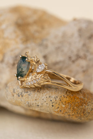 READY TO SHIP: Adonis ring in 18K yellow gold, pear cut moss agate, accent lab grown diamonds, RING SIZES: 6.5 - 9.5 US