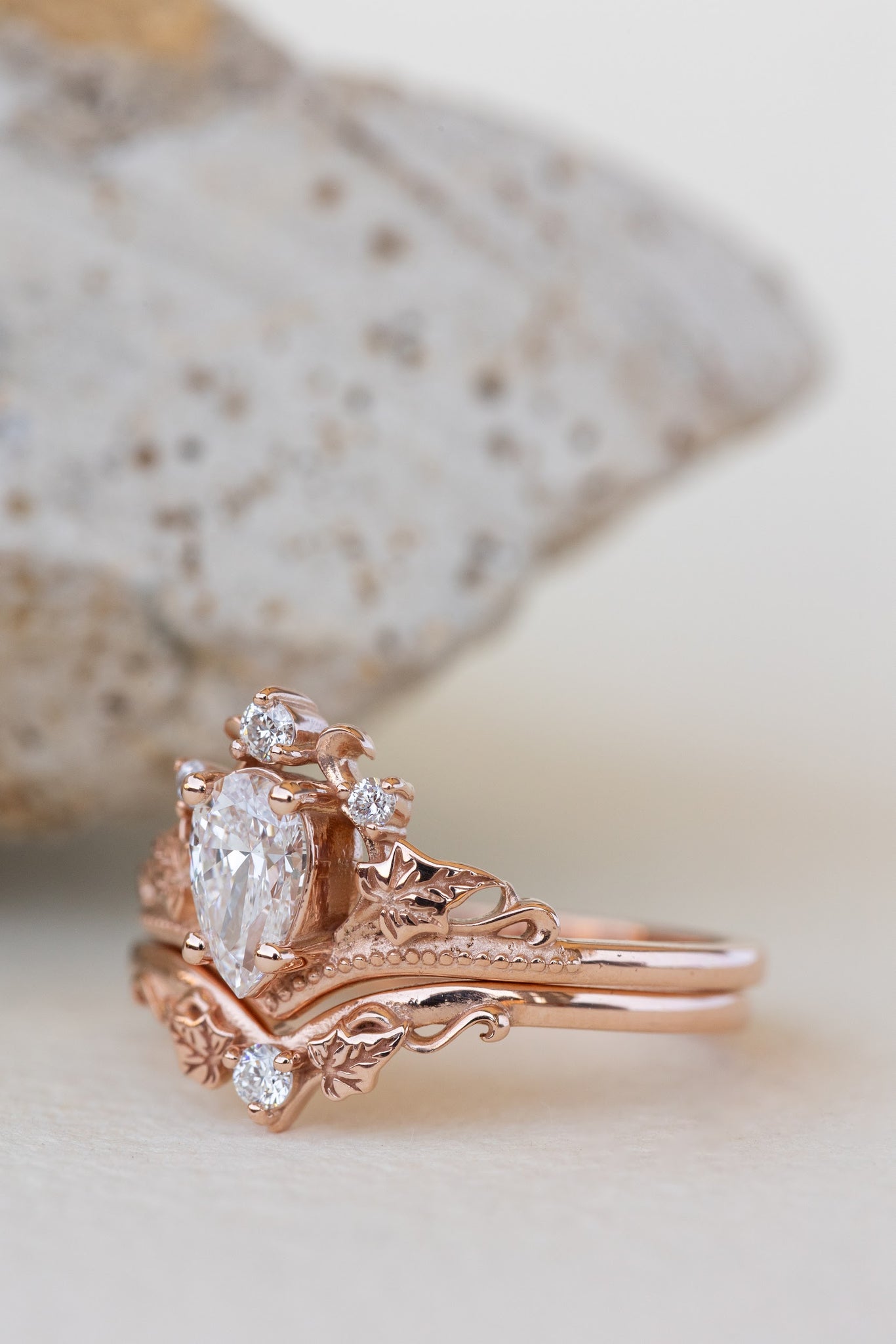 READY TO SHIP: Ariadne bridal set in 14K or 18K rose gold, pear cut lab grown diamond 7x5 mm, accents lab grown diamonds, RING SIZE: 5.5 - 8.5 US US