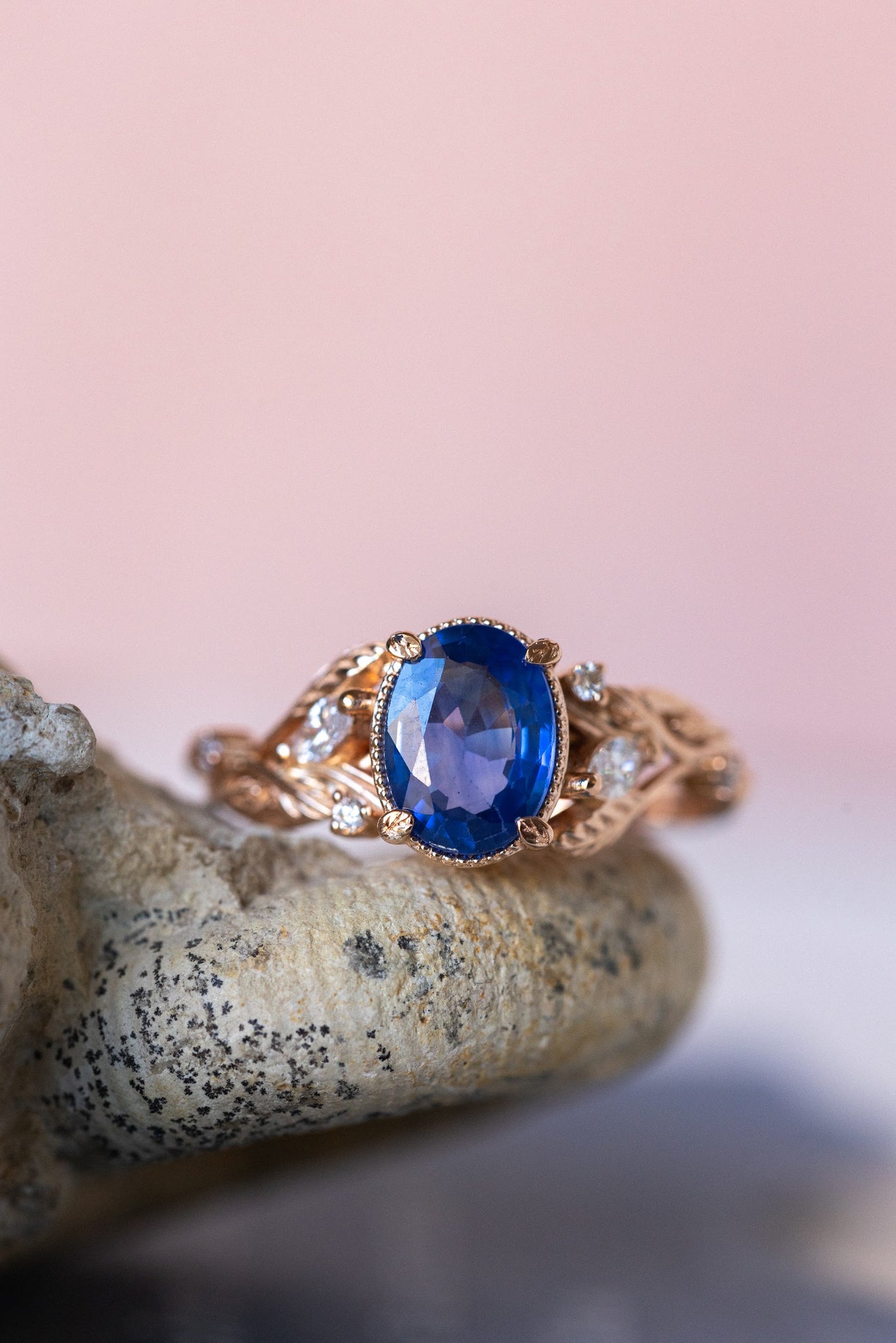 READY TO SHIP: Patricia ring in 14K or 18K rose gold, natural vivid blue sapphire 8x6 mm, accent lab grown diamonds, AVAILABLE RING SIZES: 5.5 - 8.5 US