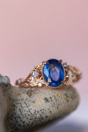 Natural oval blue sapphire engagement ring, gold nature inspired ring with accent diamonds / Patricia - Eden Garden Jewelry™