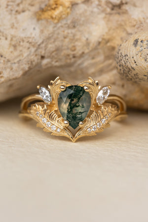 READY TO SHIP: Adonis ring in 18K yellow gold, pear cut moss agate, accent lab grown diamonds, RING SIZES: 6.5 - 9.5 US