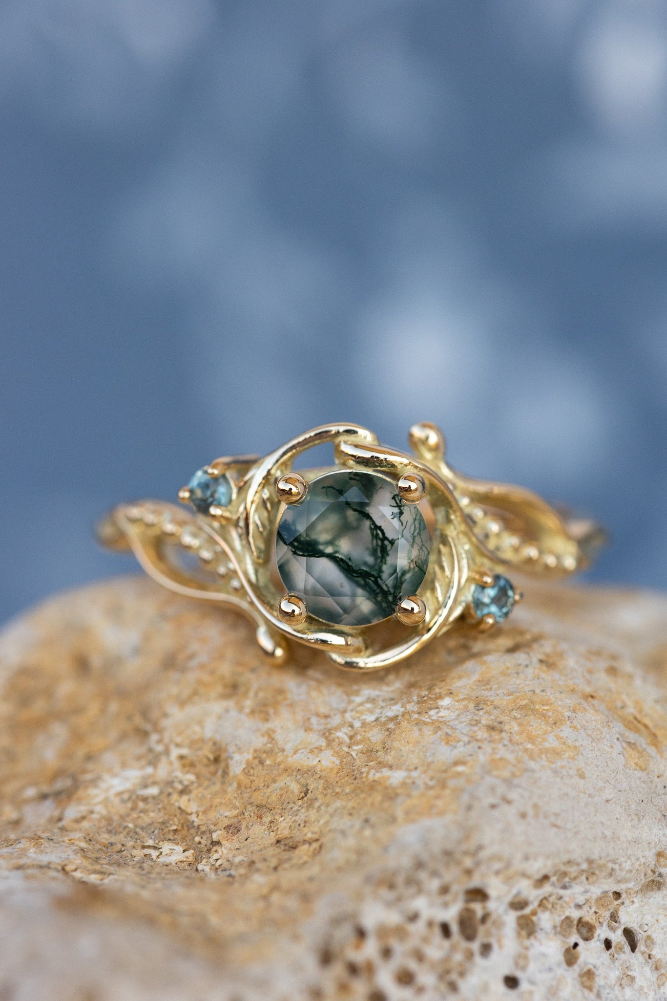 Round moss agate engagement ring with accent sapphires, nature themed proposal ring with diamonds  / Undina - Eden Garden Jewelry™