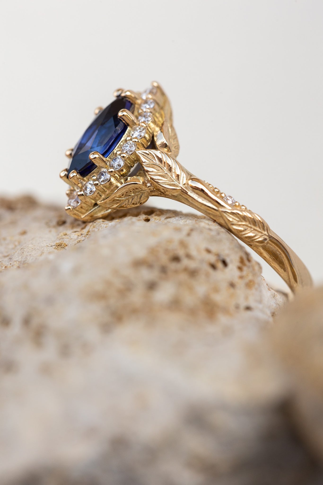 Dark blue lab sapphire engagement ring, gold proposal ring with marquise cut gemstone and diamond halo / Florentina - Eden Garden Jewelry™