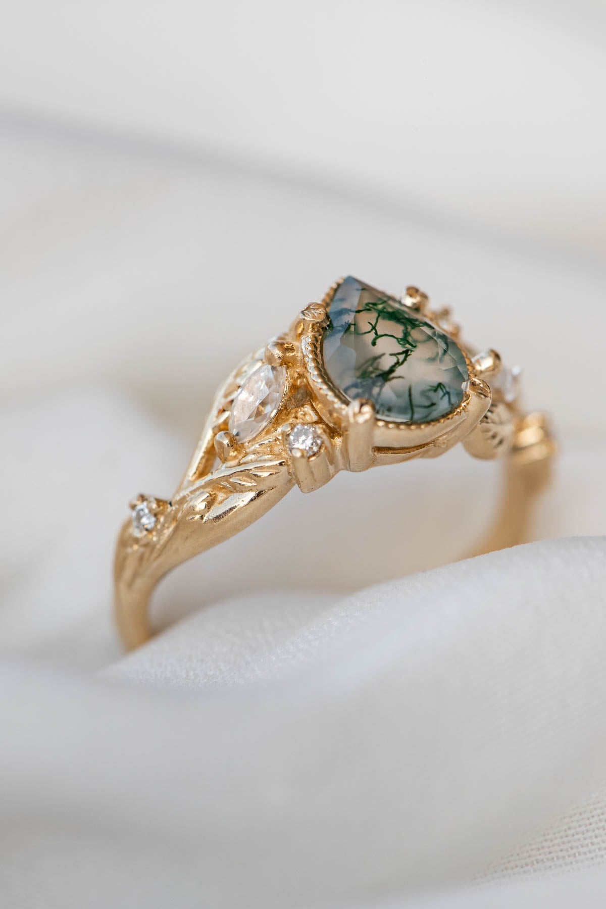 Pear moss agate engagement ring with diamonds, gold leaf branch proposal ring / Patricia - Eden Garden Jewelry™