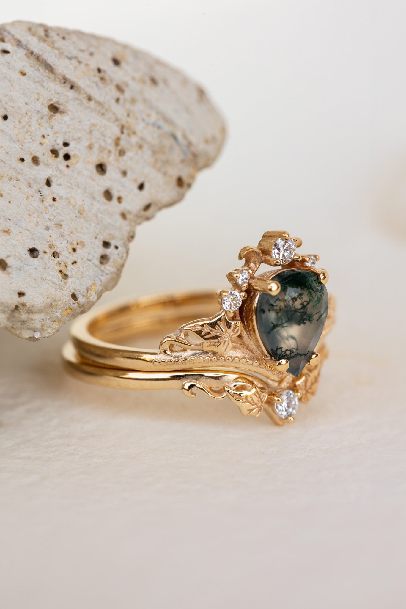 READY TO SHIP: Ariadne ring set in 18K yellow gold, pear cut moss agate, accent lab grown diamonds, RING SIZE:  5.5 - 8.5 US