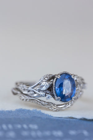 Natural blue sapphire bridal ring set, white gold leaf engagement and wedding rings / Patricia - Eden Garden Jewelry™