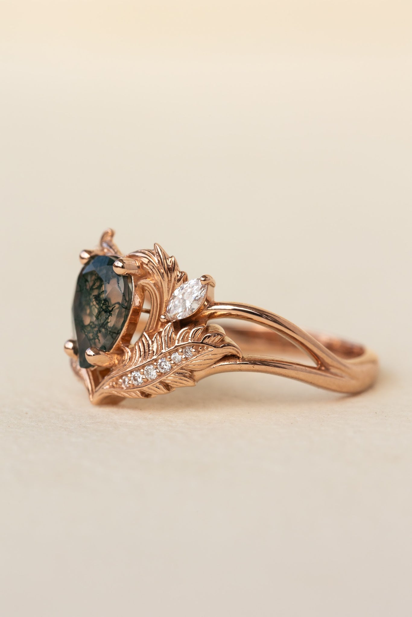 READY TO SHIP: Adonis ring in 14K rose gold, moss agate pear cut, accent lab grown diamonds, RING SIZE: 5.75 - 8.75 US