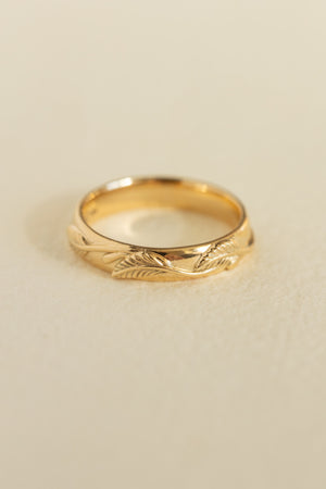 Yellow gold nature inspired wedding band, comfort fit ring for him - Eden Garden Jewelry™