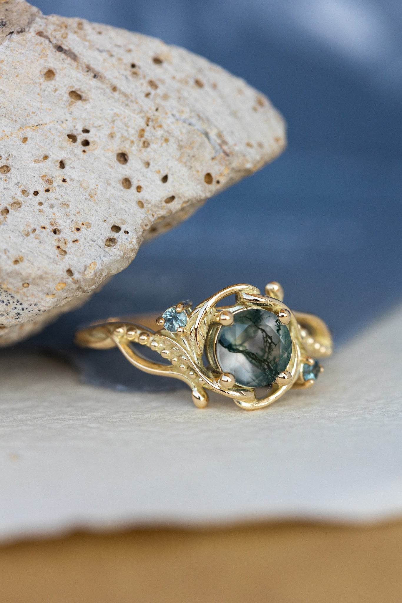 1 carat moss agate and accent teal sapphires engagement ring set, nature inspired bridal ring set / Undina - Eden Garden Jewelry™