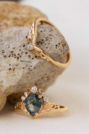 READY TO SHIP: Ariadne ring set in 18K yellow gold, pear cut moss agate, accent lab grown diamonds, RING SIZE:  5.5 - 8.5 US