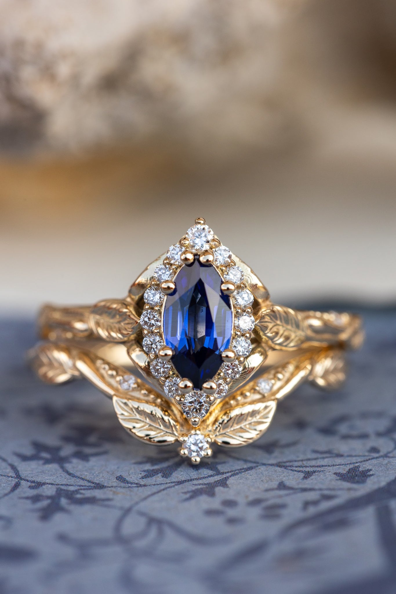 Dark blue lab sapphire engagement ring, gold proposal ring with marquise cut gemstone and diamond halo / Florentina - Eden Garden Jewelry™