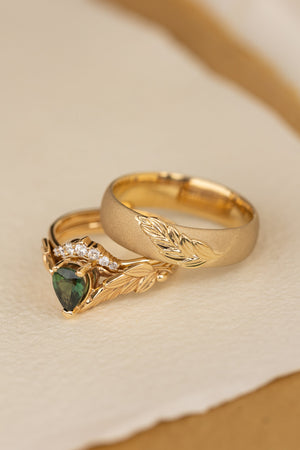 Wedding rings set for couple: palm leaf satin wedding band for him, Palmira ring set with natural green sapphire for her - Eden Garden Jewelry™