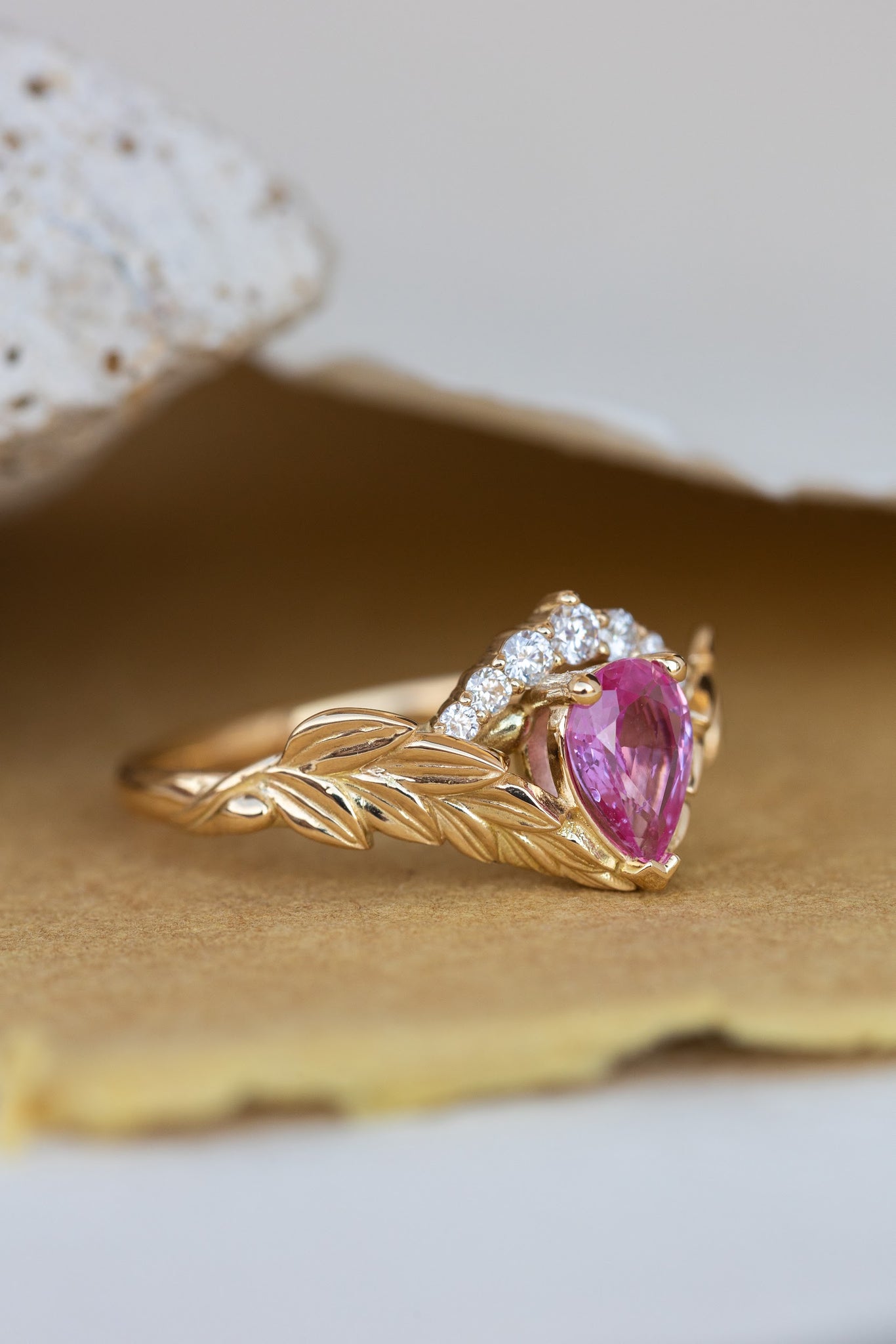 Pink sapphire and diamond crown engagement ring, rose gold leaves ring with diamonds / Palmira Crown - Eden Garden Jewelry™