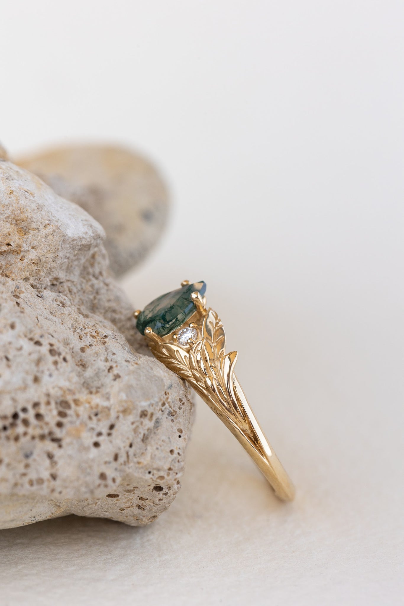 READY TO SHIP: Wisteria ring in 18K yellow gold, pear moss agate, accents lab grown diamonds, RING SIZE: 5.75 - 8.75 US