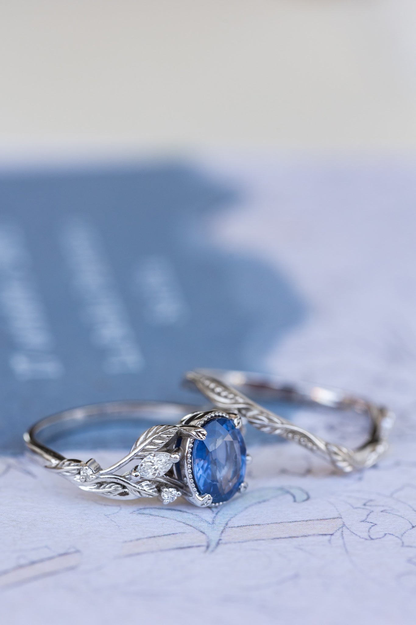 Natural blue sapphire bridal ring set, white gold leaf engagement and wedding rings / Patricia - Eden Garden Jewelry™