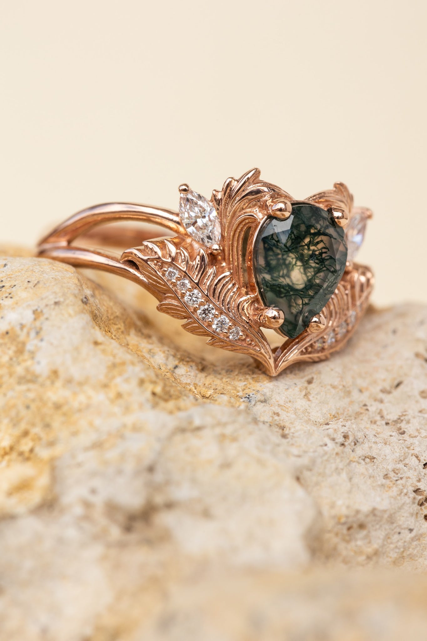 READY TO SHIP: Adonis ring in 14K rose gold, moss agate pear cut, accent lab grown diamonds, RING SIZE: 5.75 - 8.75 US