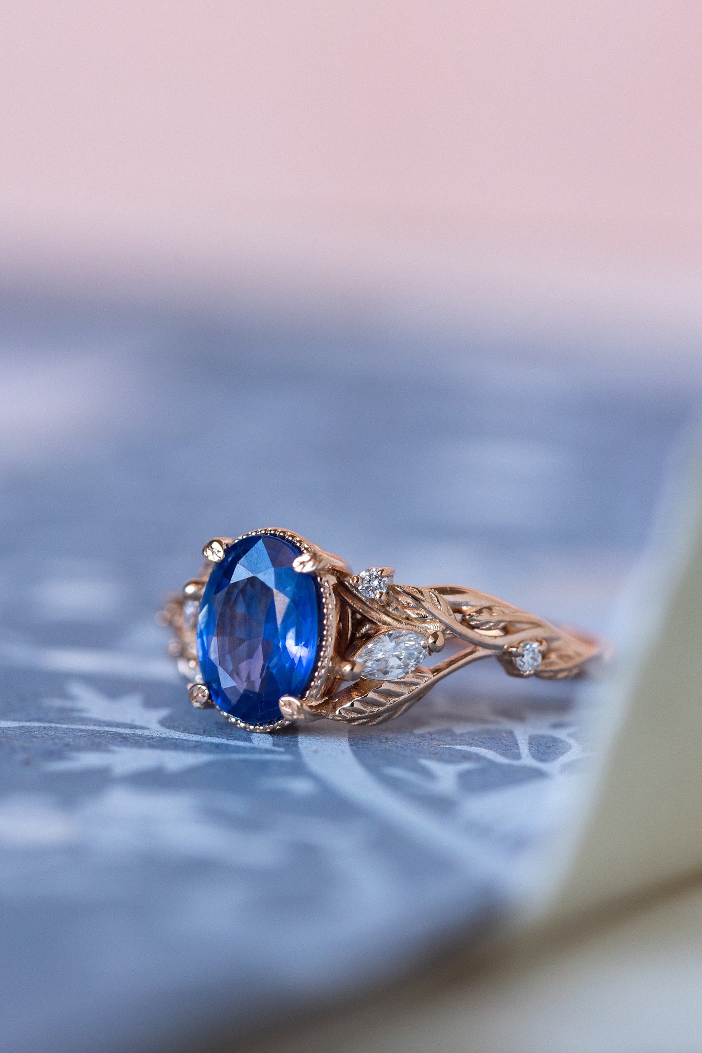 Natural oval blue sapphire engagement ring, gold nature inspired ring with accent diamonds / Patricia - Eden Garden Jewelry™