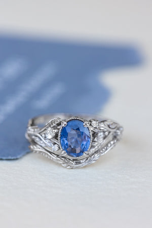 Genuine 1.5 carat sapphire engagement ring, nature inspired promise ring with diamonds / Patricia - Eden Garden Jewelry™